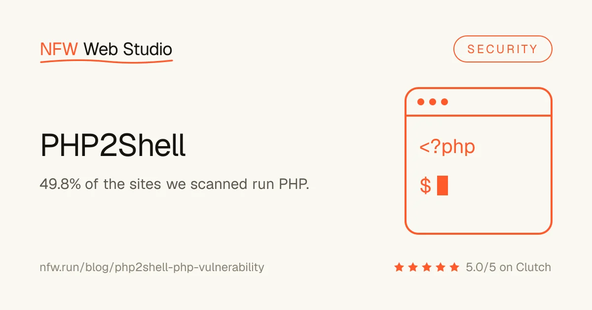 PHP2Shell: 49.8% of the sites we scanned run PHP, with an orange terminal window showing the opening PHP tag