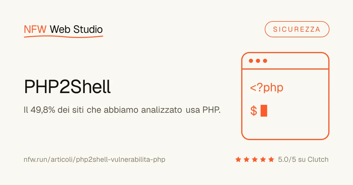 PHP2Shell: il 49,8% dei siti che abbiamo analizzato usa PHP, con una finestra di terminale arancione che mostra il tag di apertura di PHP